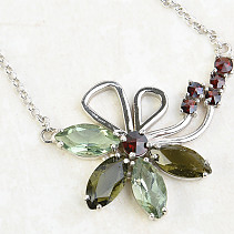 Necklace 45cm moldavite and garnets flower standard cut Ag 925/1000 Rh 6,35g